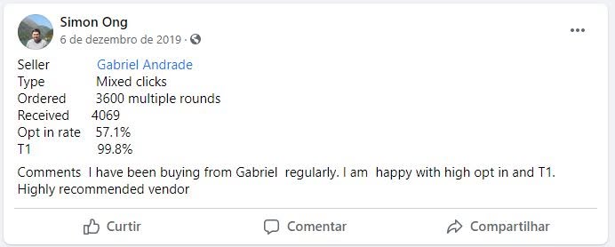Review no Facebook (Simon Ong): 3.600 clicks pedidos, 4.069 recebidos, Tier-1 99,8%, compra regularmente.