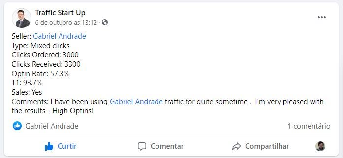 Review no Facebook (Traffic Start Up): 3.000 clicks pedidos, 3.300 recebidos, opt-in 57,3%, Tier-1 93,7%, com venda.