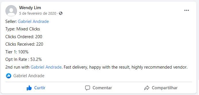 Review no Facebook (Wendy Lim): 200 clicks pedidos, 220 recebidos, Tier-1 100%, segunda compra.
