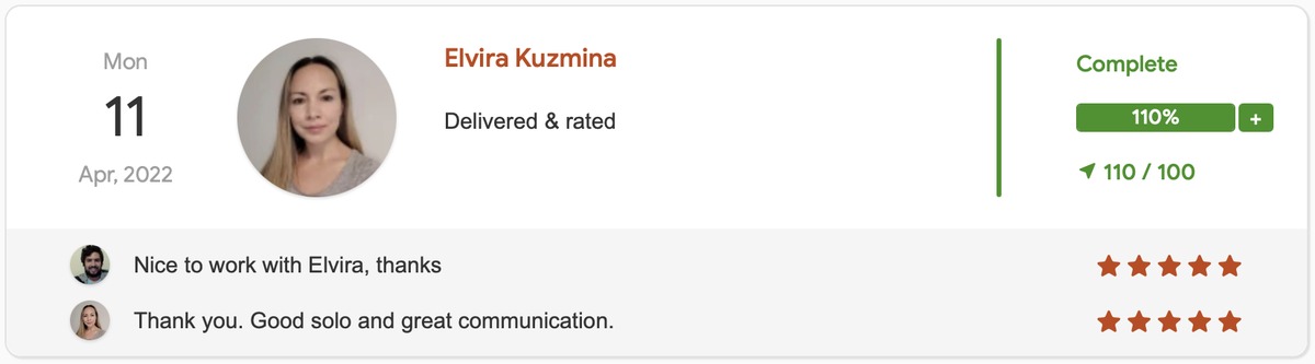 Review no Udimi (Elvira Kuzmina): entrega 110% (110 de 100 clicks), 5 estrelas — “Good solo and great communication.”
