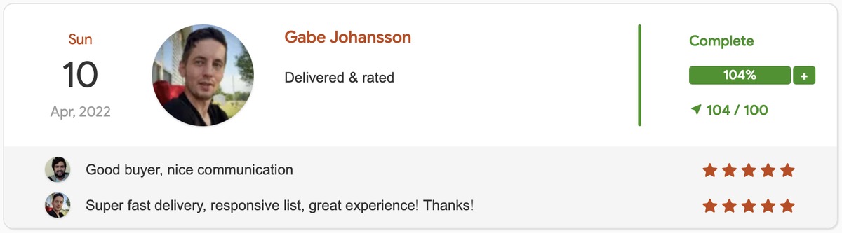 Review no Udimi (Gabe Johansson): entrega 104% (104 de 100 clicks), 5 estrelas — “Super fast delivery, responsive list, great experience!”