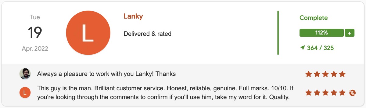 Review no Udimi (Lanky): entrega 112% (364 de 325 clicks), 5 estrelas — “Brilliant customer service. Honest, reliable, genuine. Full marks. 10/10.”